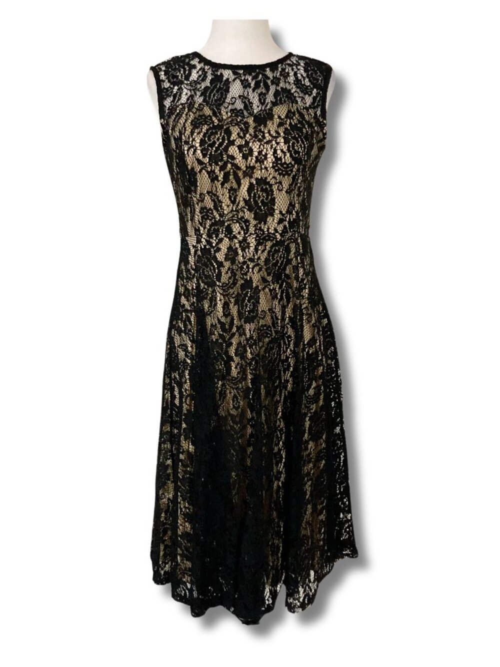 MAI TAI Black mesh floral lace a-line dress w/ beige underlay goth SMALL MEDIUM